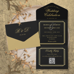 Moderne QR-Code-Kunst Deco-Monogramm-Hochzeitsfoli All-in-One-Einladung