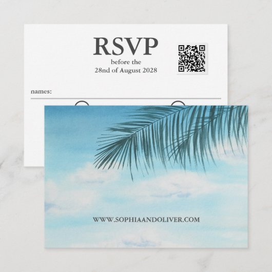 Moderne QR Code Ocean Blue Beach Wedding RSVP Card Karte (Vorne/Hinten)
