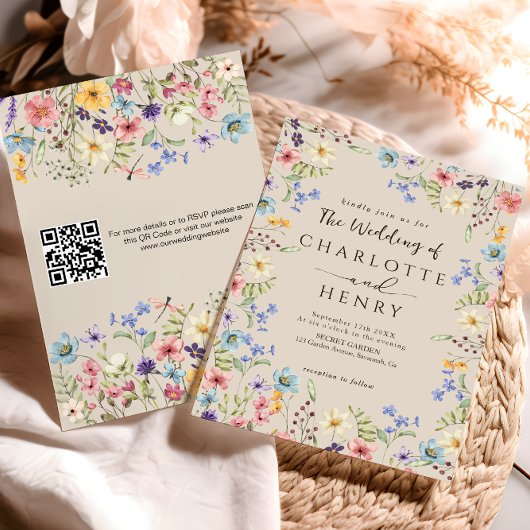 Moderne QR-Code-Rustikal-Einfache-Wildblumen-Hoch Einladung