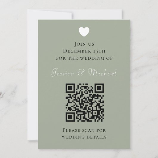 Moderne QR Code Sage Green Wedding Einladung (Vorderseite)