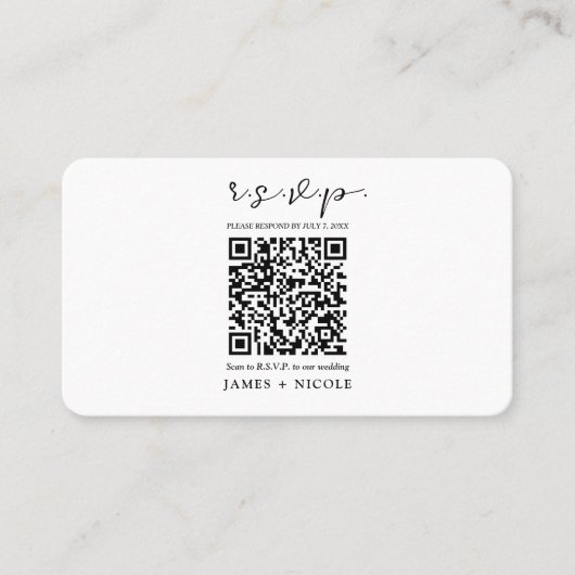 Moderne QR Code Scannable Wedding R.S.V.P. Antwort Visitenkarte (Vorderseite)