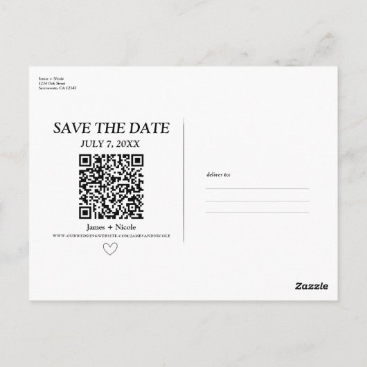 Moderne QR Code Scannable Wedding Save the Date Postkarte (Rückseite)