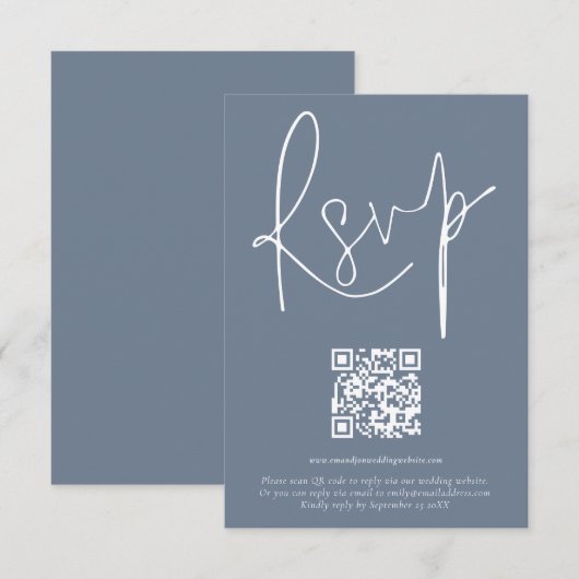 Moderne QR-Code-Skript Hochzeit Dusty Blue RSVP-Ka Einladung (Vorne/Hinten)