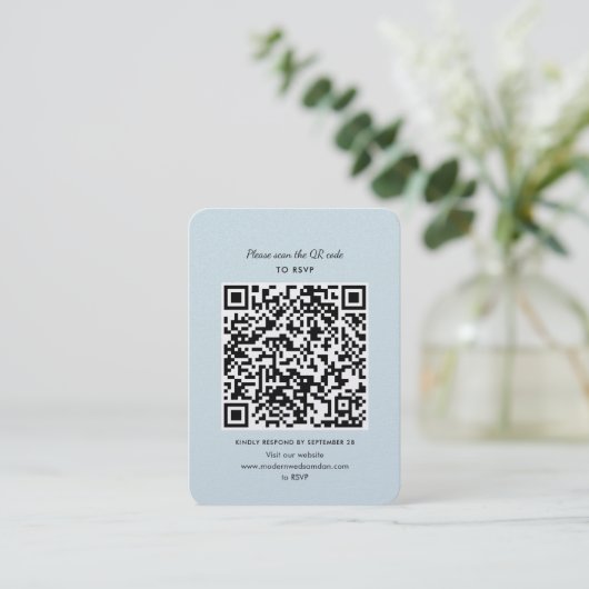 Moderne QR-Code-Skript-Hochzeitsrampe RSVP-Abschlu Visitenkarte (Stehend Vorderseite)