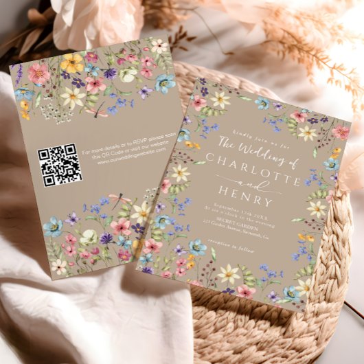 Moderne QR Code Taupe Rustikale Wildblume Hochzeit Einladung
