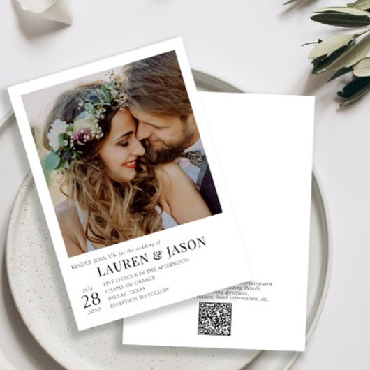 Moderne QR-Foto-Hochzeit in Schwarz und Weiß Einladung