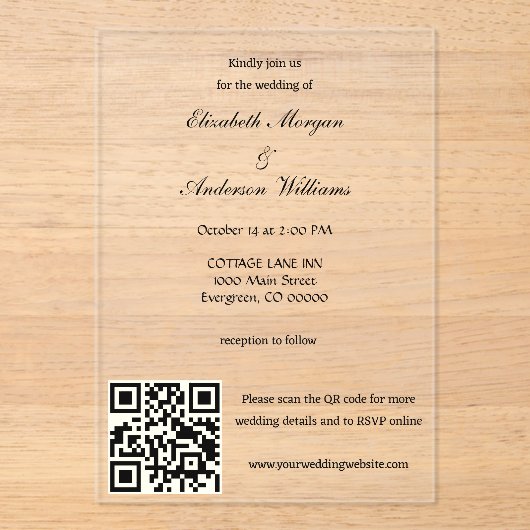 Moderne QR-Hochzeit Acryleinladungen (Vorderseite)