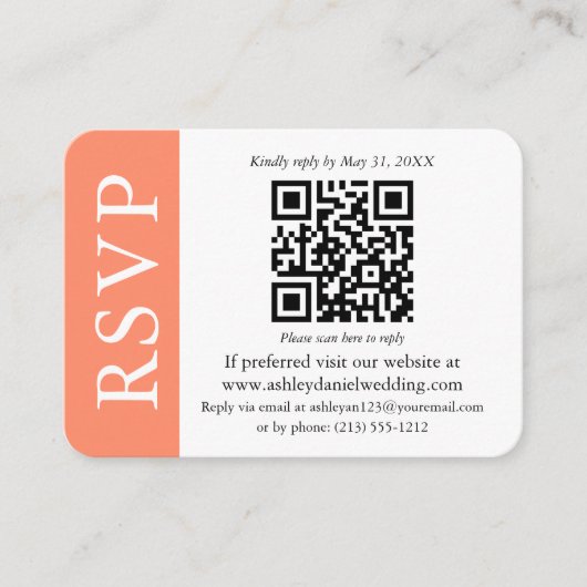 Moderne QR Hochzeit RSVP Korallen und Weiß Begleitkarte (Vorderseite)