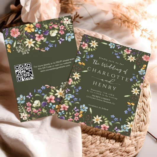 Moderne QR-Olive Rustikale Wildblume Hochzeit Einladung