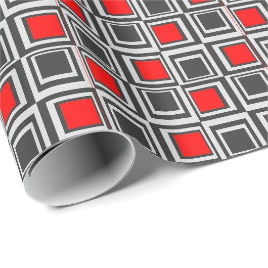 Moderne Quadrate, rot, grau und schwarz Geschenkpapier (Rolleneckpunkt)