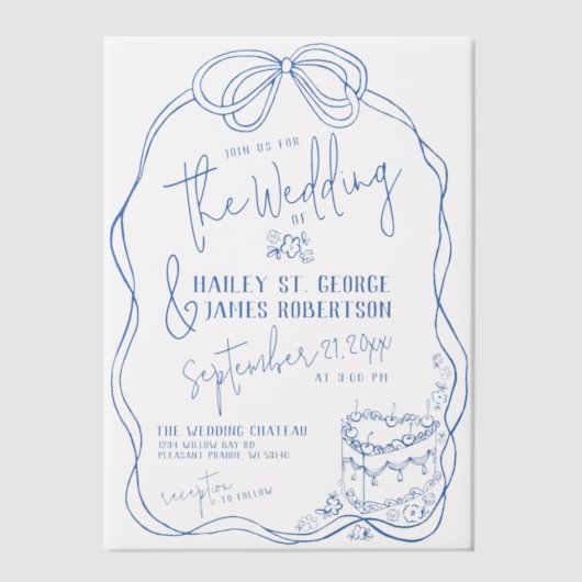 Moderne Quirky Hand Drawn Bow BLAUE Retro Hochzeit Pergament Einladungen (Vorderseite)