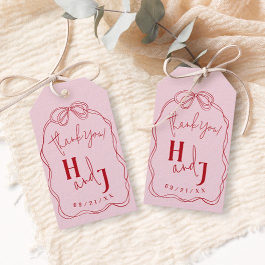 Moderne Quirky Hand Drawn Bow PINK & RED Wedding Geschenkanhänger