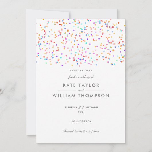 Moderne Rainbow Confetti Wedding Save The Date (Vorderseite)