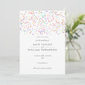 Moderne Rainbow Confetti Wedding Save The Date (Stehend Vorderseite)