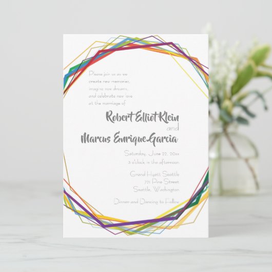 Moderne Rainbow Geometric Wedding Einladung (Stehend Vorderseite)