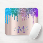 Moderne Rainbow Glitzer Tropfen Rose Gold Monogram Mousepad (Mit Mouse)