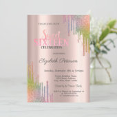 Moderne Rainbow Glitzer Tropfen Rose Gold Sweet 16 Einladung (Stehend Vorderseite)