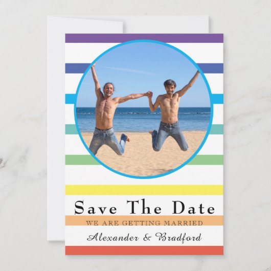 Moderne Rainbow Stripe Gay Wedding rettet das Datu Ankündigung (Vorderseite)