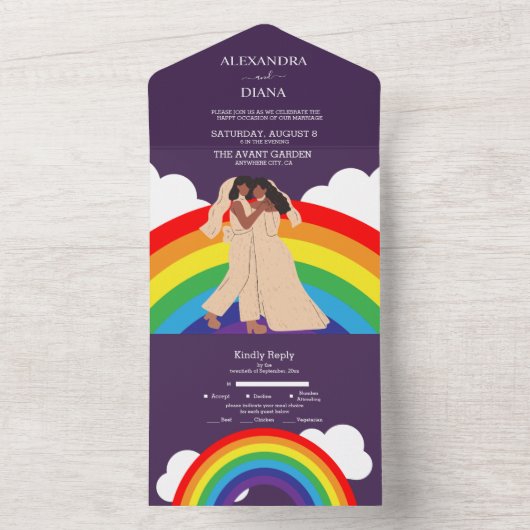 Moderne Rainbow Two Brides LGBTQ Hochzeit All In One Einladung (Innen Boden)