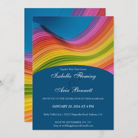Moderne Rainbow Wave Wedding Einladung (Vorne/Hinten)