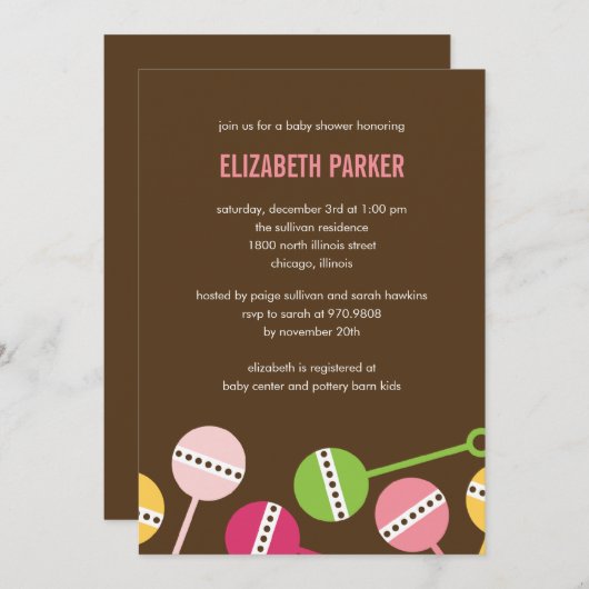 Moderne Rattles Girl Babydusche Einladung (Vorne/Hinten)