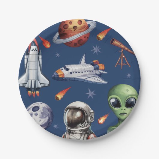 Moderne Raumschiff-Raum-Planet-Birthday oder Dusch Pappteller (Vorderseite)