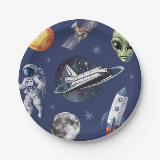Moderne Raumschiff-Raum-Planet-Birthday oder Dusch Pappteller (Vorderseite)