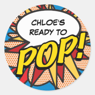 Moderne 'Ready to POP!' Comic-Book-Baby-Party Runder Aufkleber