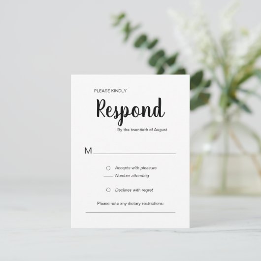 Moderne Reaktion Schwarz-weiße trendige Hochzeit RSVP Karte (Stehend Vorderseite)