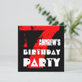 Moderne RED 7th Birthday Party 7 Year Old V10 Einladung (Stehend Vorderseite)