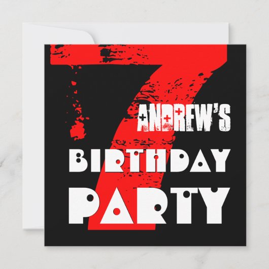 Moderne RED 7th Birthday Party 7 Year Old V10 Einladung (Vorderseite)