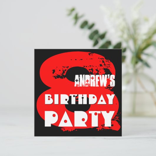 Moderne RED 8th Birthday Party 8 Year Old V11 Einladung (Stehend Vorderseite)