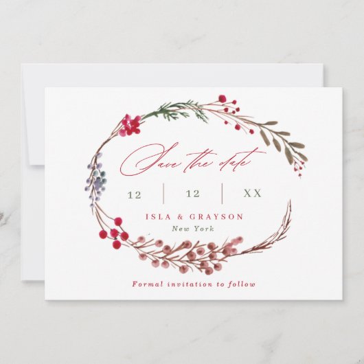 Moderne Red Berries & Script Winter Wedding Save The Date (Vorderseite)