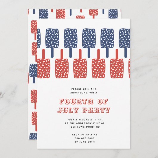 Moderne Red & Blue Popsicles 4. Juli Party Einladung (Vorne/Hinten)