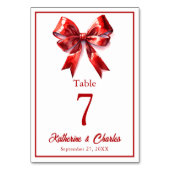 Moderne Red Bow Ribbon Wedding Tischnummer (Vorderseite)