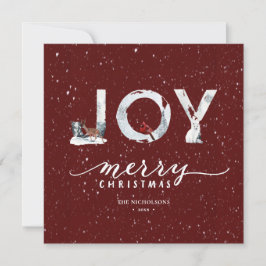 Moderne Red Elegant Script JOY Winter Snow Scene Feiertagskarte