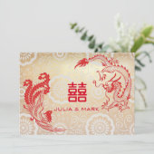 Moderne Red Gold Dragon-Phoenix-Chinesische Hochze Einladung (Stehend Vorderseite)
