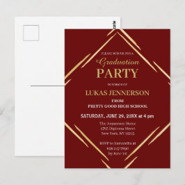 Moderne Red Gold Geometric 2025 Graduation Party Postkarte