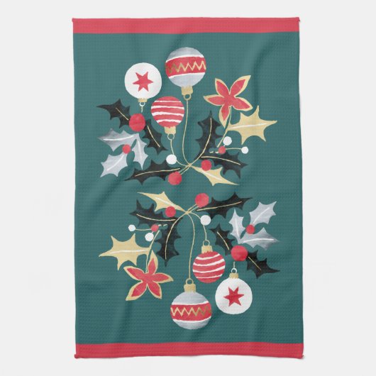 Moderne Red Gold & Silver Ornamente Aquamarin Geschirrtuch (Vertikal)