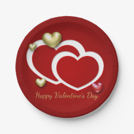 Moderne Red Gold Valentine Hearts Pappteller
