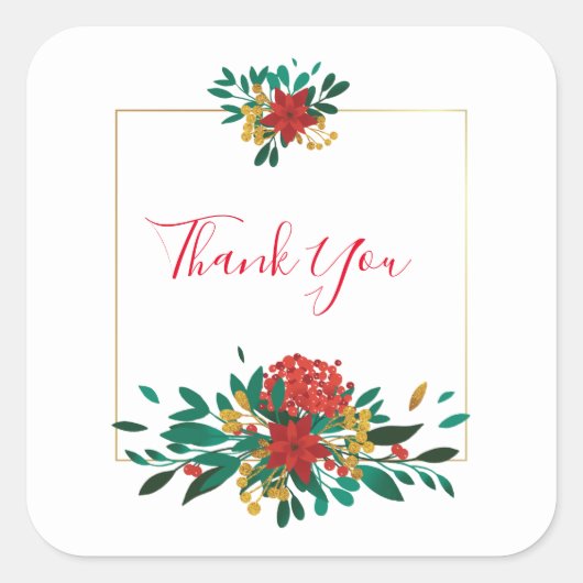 Moderne Red Green & Gold Weihnachtsblume Vielen Da Quadratischer Aufkleber (Vorderseite)