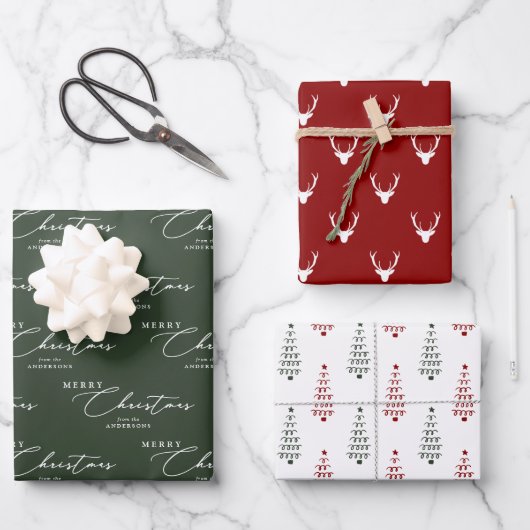 Moderne Red Green & White Frohe Weihnachtsschrift Geschenkpapier Set (Vorderseite)