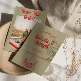 Moderne Red Hand Drawn Retro Quirky Foto Hochzeit Save The Date