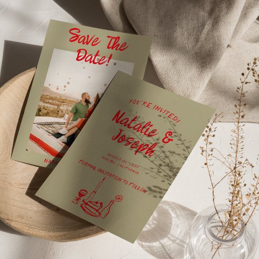 Moderne Red Hand Drawn Retro Quirky Foto Hochzeit Save The Date