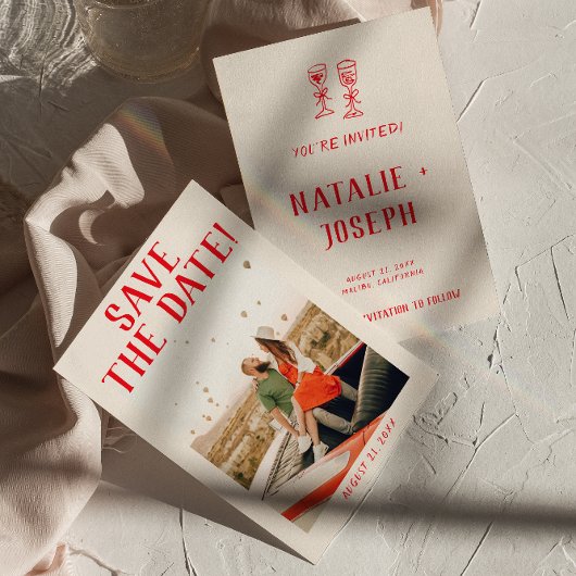 Moderne Red Hand Drawn Retro Quirky Foto Hochzeit Save The Date