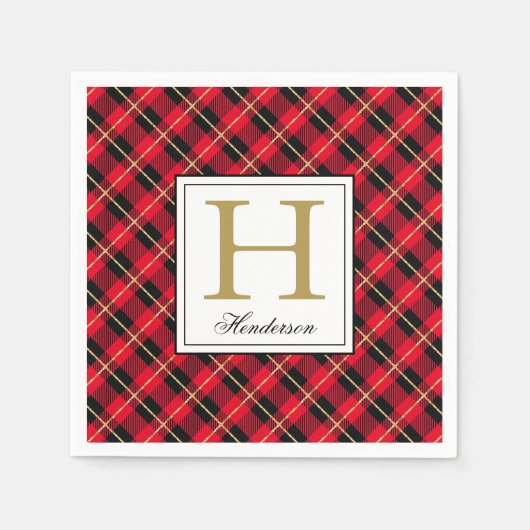 Moderne Red Kariert Karo Gold Akzente, Mit Monogra Serviette (Vorderseite)