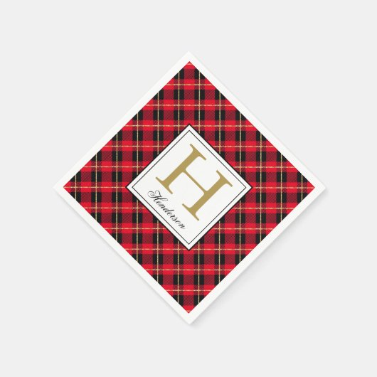 Moderne Red Kariert Karo Gold Akzente, Mit Monogra Serviette (Ecke)