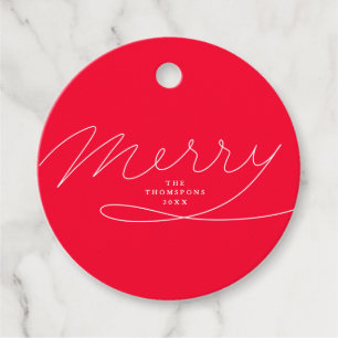 Moderne Red Merry Hand Letted Script Holiday Geschenkanhänger