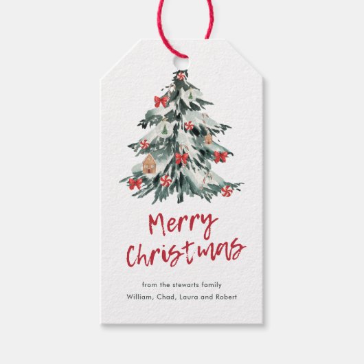 Moderne Red Merry Weihnachten Chic Holiday Tree Geschenkanhänger (Vorderseite)