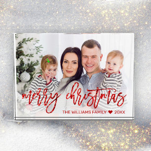 Moderne Red Merry Weihnachts Glitzer Script-Famili Fotoblock